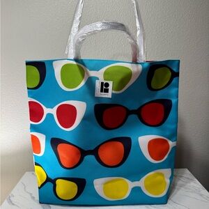 Lisa Perry Blue Tote Bag with Colorful Sunglasses Print